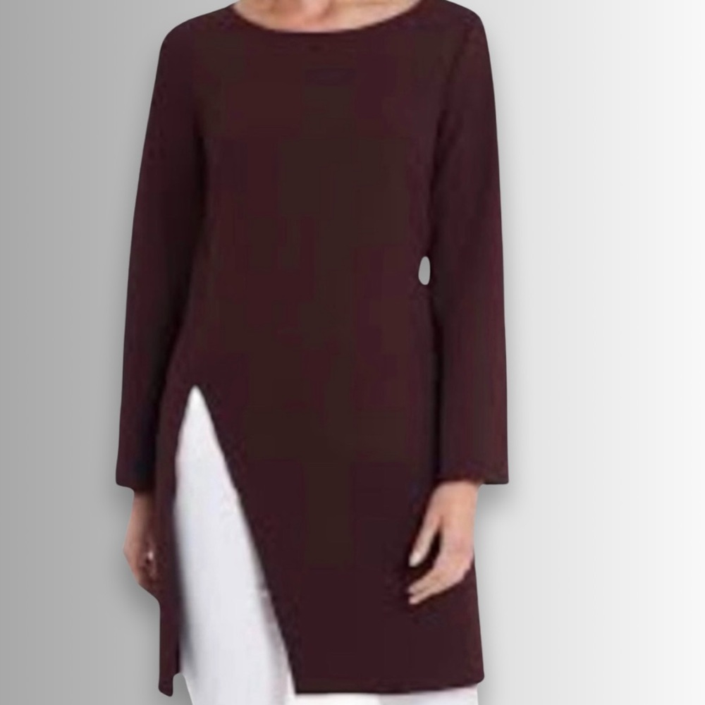 Vince Camuto Burgundy Long Sleeve Side Slit Crepe Tunic Top in Port, Size Small